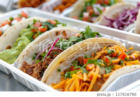 Delicious Tacos With Beef, Onions, Tomato, and Cilantro on a White Plate 117816760