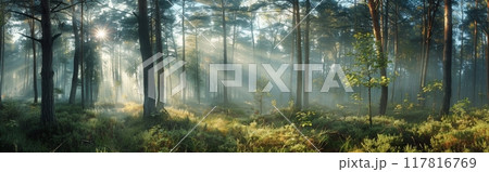 Sun Rays Through Mist in a Birch Tree Forest at Sunrise 117816769