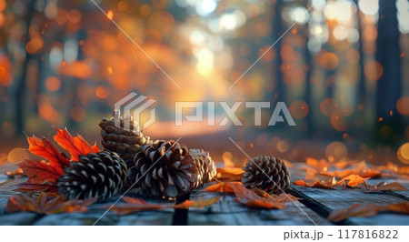 Pine Cones and Autumn Leaves on a Wooden Table in a Forest 117816822