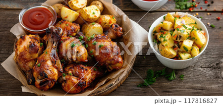 Grilled Chicken Drumsticks With Potatoes and Salad 117816827