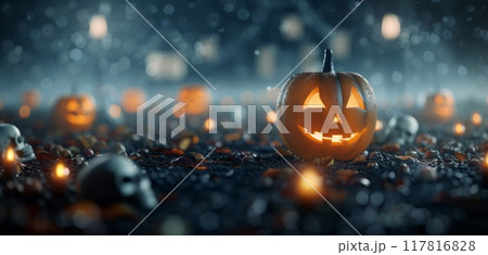 Glowing Jack-O'-Lantern in Rainy Autumn Forest at Dusk 117816828
