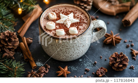 Cozy winter drink with marshmallows, pinecones, and cookies on a dark festive background Cozy winter drink with marshmallows, pinecones, and cookies on a dark festive background 117816843