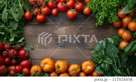 Freshly Harvested Tomatoes and Herbs on a Rustic Tabletop 117816856