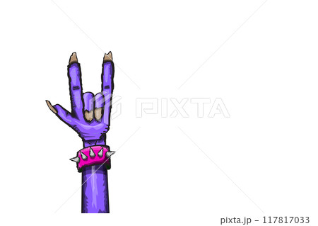 vector violet cartoon Zombie rock n roll hand isolated on white background with space for text . vector Zombie party halloween background or horizontal heavy metal poster design template 117817033