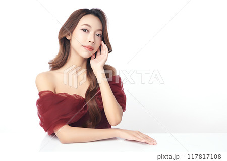 Beautiful young asian woman with clean fresh skin on white background, Face care, Facial treatment, Cosmetology, beauty and spa, Asian women portrait. 117817108