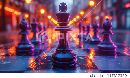 Close-up of chess queen with pawns on neon urban chessboard background at dusk. Generative AI 117817320