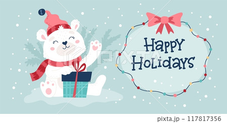 Polar bear Christmas card, cute character wearing hat and scarf holding present. Hand drawn lettering. Vector illustration 117817356