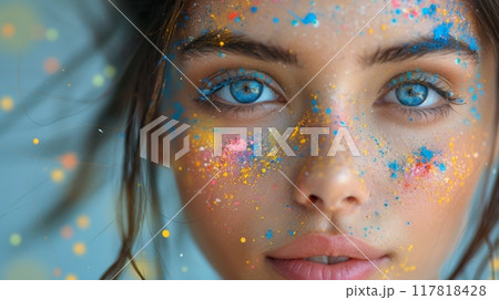 close-up portrait of a young woman with colorful Holi powder on her face, her eyes sparkling with joy. Painterly style, vibrant colors close-up portrait of a young woman with colorful Holi powder on her face, her eyes sparkling with joy. Painterly style, vibrant colors 117818428