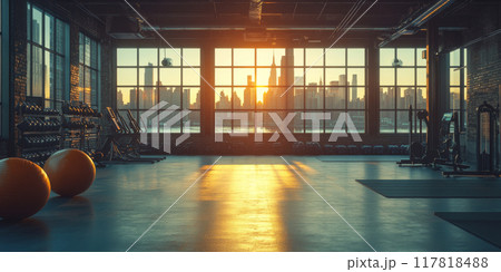 Generative ai illustration of a high-end large gym room with windows 117818488