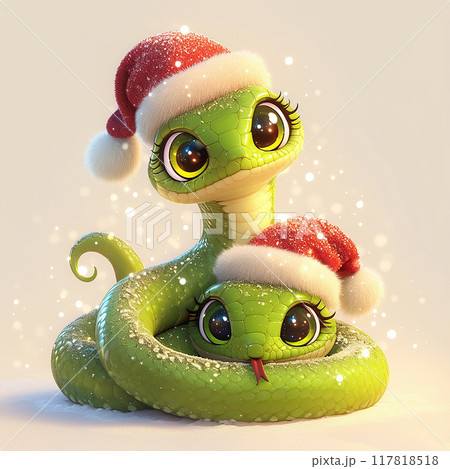 2025 Two green snakes wearing Santa hats are cuddling each other. The image has a festive and playful mood, as the snakes are dressed up in holiday attire 117818518