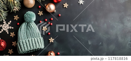Festive Holiday Arrangement With Gift, Pine Branches, and Ornaments on Dark Surface Festive Holiday Arrangement With Gift, Pine Branches, and Ornaments on Dark Surface 117818816