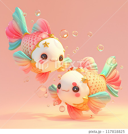 Pisces Zodiac Sign Two fish with stars on their heads are swimming in a blue ocean. The fish are colorful and cute, and they seem to be enjoying their time in the water Pisces Zodiac Sign Two fish with stars on their heads are swimming in a blue ocean. The fish are colorful and cute, and they seem to be enjoying their time in the water 117818825
