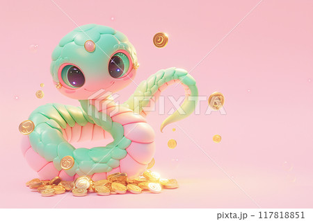 2025 cartoonish green and pink snake is sitting on a pile of gold coins. The snake appears to be happy and content, as it is surrounded by the shiny coins. Concept of wealth and abundance 117818851