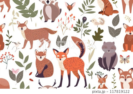 Seamless pattern of various woodland animals surrounded by leaves and plants. Generative AI 117819122