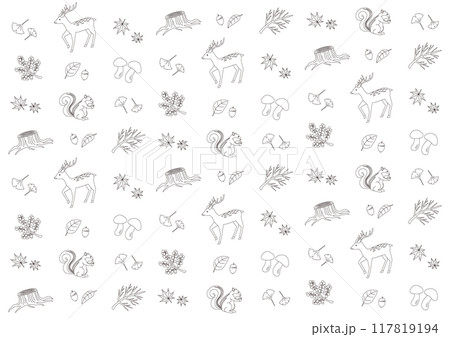 紅葉と動物の線画のパターンのイラスト_黒 117819194