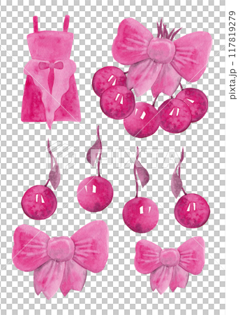 Lifestyle of young girl. Silk pink bow, dress and cherry. Bright set of isolated elements for birthday, Christmas, women's day. Silhouette watercolor. Modern style Lifestyle of young girl. Silk pink bow, dress and cherry. Bright set of isolated elements for birthday, Christmas, women's day. Silhouette watercolor. Modern style 117819279
