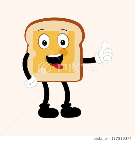 Happy Bread Slice Cartoon Mascot Character, Funny Sandwich Cartoon Vintage Bread Character Style Bread Logo Vector Illustration 117819374