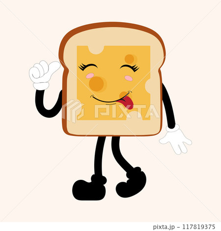 Happy Bread Slice Cartoon Mascot Character, Funny Sandwich Cartoon Vintage Bread Character Style Bread Logo Vector Illustration 117819375