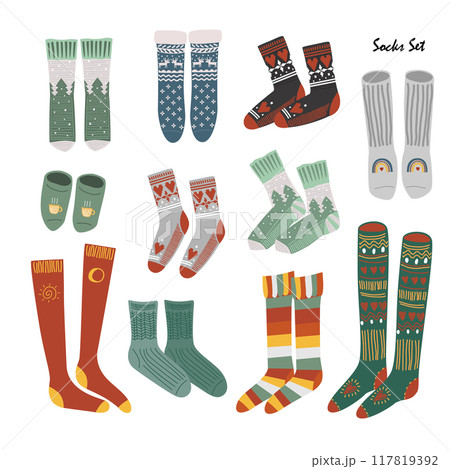 Fairy woolen knitted socks collection. Cozy Xmas and Winter symbols ornament. Christmas stockings set, vector isolated illustration. 117819392