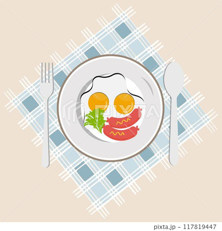 Fried egg on plate from above vector graphics, Various eggs. Different English breakfasts, Vector illustration in cartoon style. Fried eggs with bacon 117819447