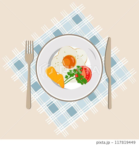 Fried egg on plate from above vector graphics, Various eggs. Different English breakfasts, Vector illustration in cartoon style. Fried eggs with bacon Fried egg on plate from above vector graphics, Various eggs. Different English breakfasts, Vector illustration in cartoon style. Fried eggs with bacon 117819449