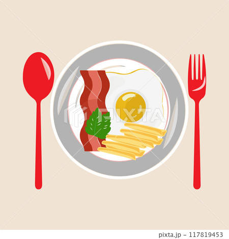 Fried egg on plate from above vector graphics, Various eggs. Different English breakfasts, Vector illustration in cartoon style. Fried eggs with bacon Fried egg on plate from above vector graphics, Various eggs. Different English breakfasts, Vector illustration in cartoon style. Fried eggs with bacon 117819453