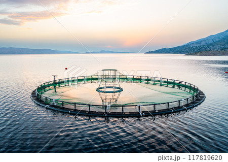 Fish farm setup on calm waters at sunset in a rural location.  117819620