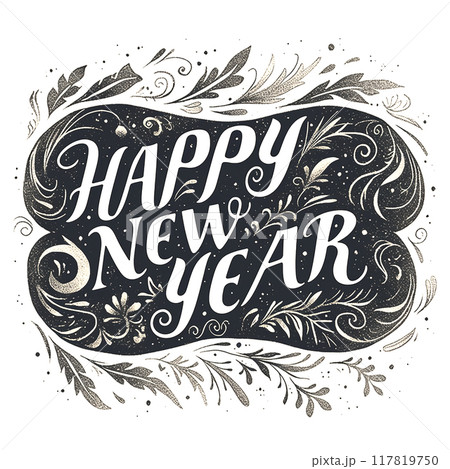 A black and white drawing of a flowery border with the words Happy New Year written in the middle 117819750