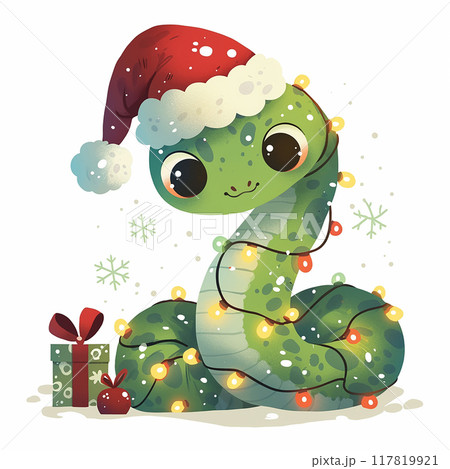 2025 green snake is wearing a Santa hat and holding a Christmas tree. The tree is decorated with lights and the snake is sitting on a box 117819921