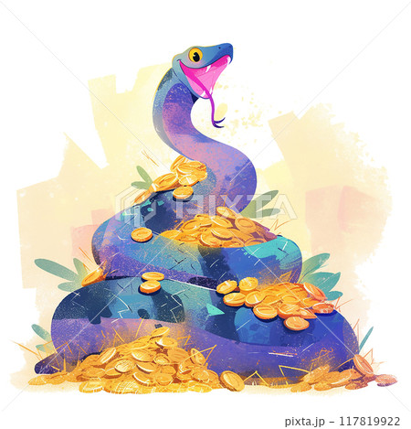 2025 purple snake is sitting on a pile of gold coins. The snake appears to be happy and content with its treasure 117819922