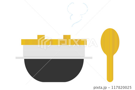 羽釜としゃもじ、湯気の出た釜炊きご飯のイラスト 羽釜としゃもじ、湯気の出た釜炊きご飯のイラスト 117820025