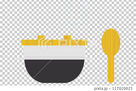 羽釜としゃもじ、湯気の出た釜炊きご飯のイラスト 羽釜としゃもじ、湯気の出た釜炊きご飯のイラスト 117820025