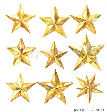 A set of nine gold stars are arranged in a row. The stars are all the same size and shape, and they are all facing the same direction. The stars are arranged in a way that creates a sense of symmetry 117820341