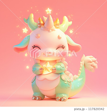 Zodiac sign Capricorn with horns and stars on its head sits on a pink background. 117820342
