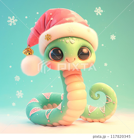 A green snake wearing a Santa hat. The snake is smiling and looking at the camera. The snowflakes in the background give the image a wintery feel 117820345