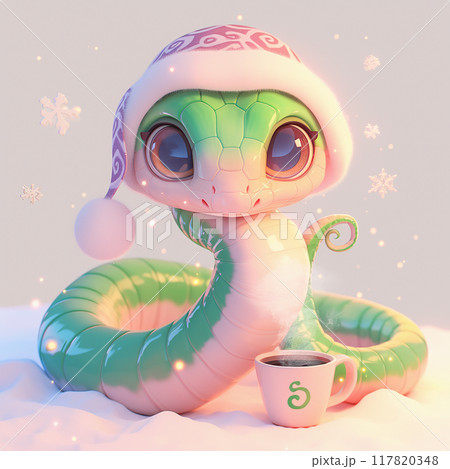 2025 3D green snake is holding a pink mug with a snowflake on it. The image has a cute and playful mood, with the snake wearing a hat and the snowflake adding a festive touch 117820348