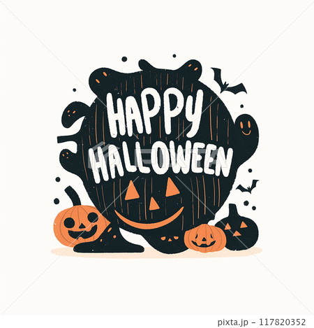 Logo black and white Halloween sign with a circle of various Halloween characters and the words Happy Halloween written in white Logo black and white Halloween sign with a circle of various Halloween characters and the words Happy Halloween written in white 117820352