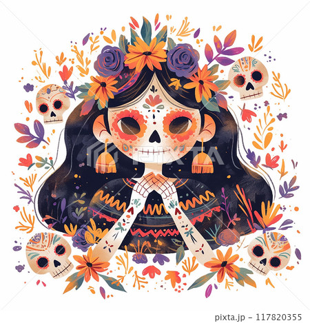 A girl with a flower crown on her head and a skull on her shoulder. Day of the dead 117820355