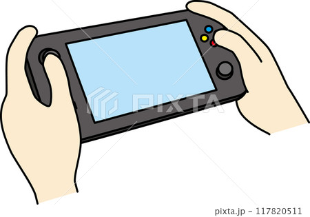ポータブルゲーム機で遊ぶリアルな手のイラスト素材 117820511