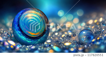 Blue glass ball on a background of small glass crystal balls. Digital illustration, background, texture or Web banner	 117820551