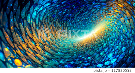 Abstract wallpaper, spreading cosmic matter in iridescent yellow-blue vortex. Digital illustration, background, texture or Web banner	 117820552