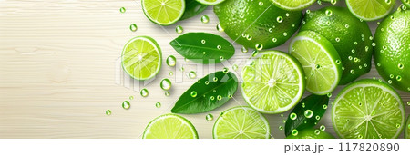 Fresh limes and lime slices with green leaves on a wooden surface, adorned with water droplets 117820890