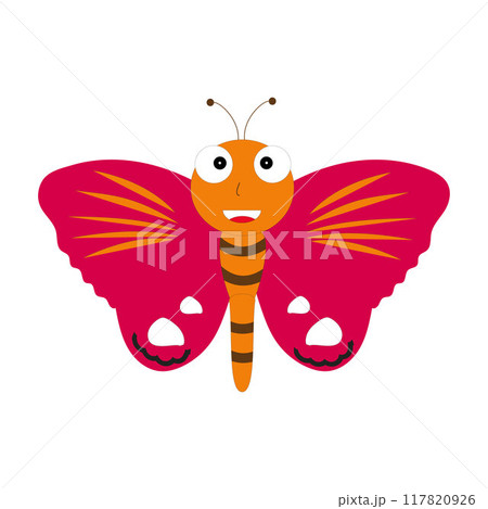 Cartoon butterfly illustration. Cute smiling character for childish design. Flat vector illustration isolated on white background. 117820926