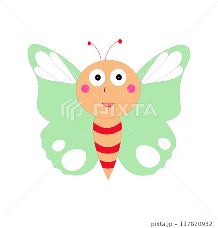Cartoon butterfly illustration. Cute smiling character for childish design. Flat vector illustration isolated on white background. Cartoon butterfly illustration. Cute smiling character for childish design. Flat vector illustration isolated on white background. 117820932