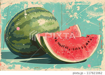 A stylized illustration of a whole watermelon with a juicy slice cut out 117821062