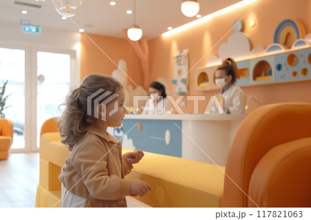 Child approaching reception in a colorful pediatric clinic 117821063