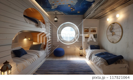 Charming nautical-themed kids bedroom with white wooden bunk beds and a single bed 117821064
