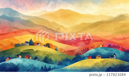 Vibrant watercolor illustration of colorful rolling hills with small houses scattered across the landscape 117821084