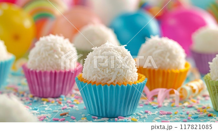 A delightful display of beijinho coconut candies in colorful cupcake liners, surrounded by festive decorations. A delightful display of beijinho coconut candies in colorful cupcake liners, surrounded by festive decorations. 117821085