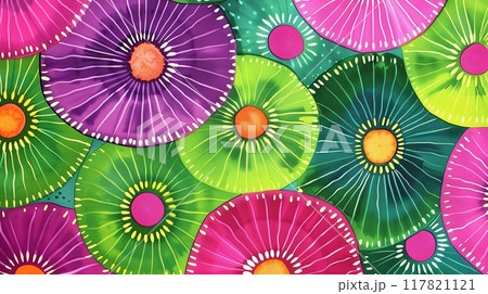 Lively Bandhani pattern featuring colorful circular motifs with radial designs in shades of pink, green, and purple 117821121